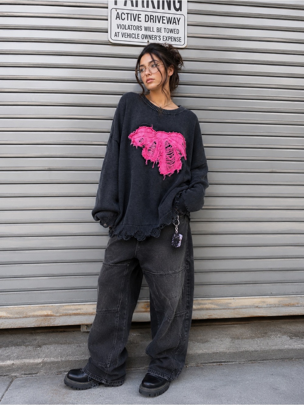 Aelfric Eden Distressed Black Pink Bow Knit Sweater XL